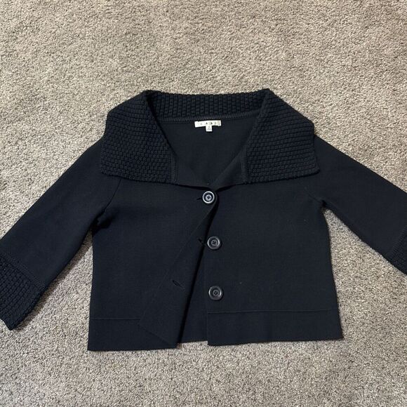 Cabi Cardigan Sweater Womans M Black Cropped Wool Jackie O 502 Lux Chic Collared - Picture 1 of 10